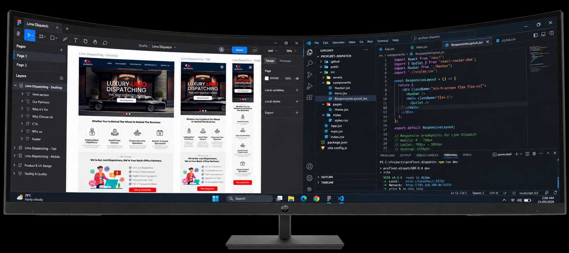 Design and code workspace on an ultrawide display